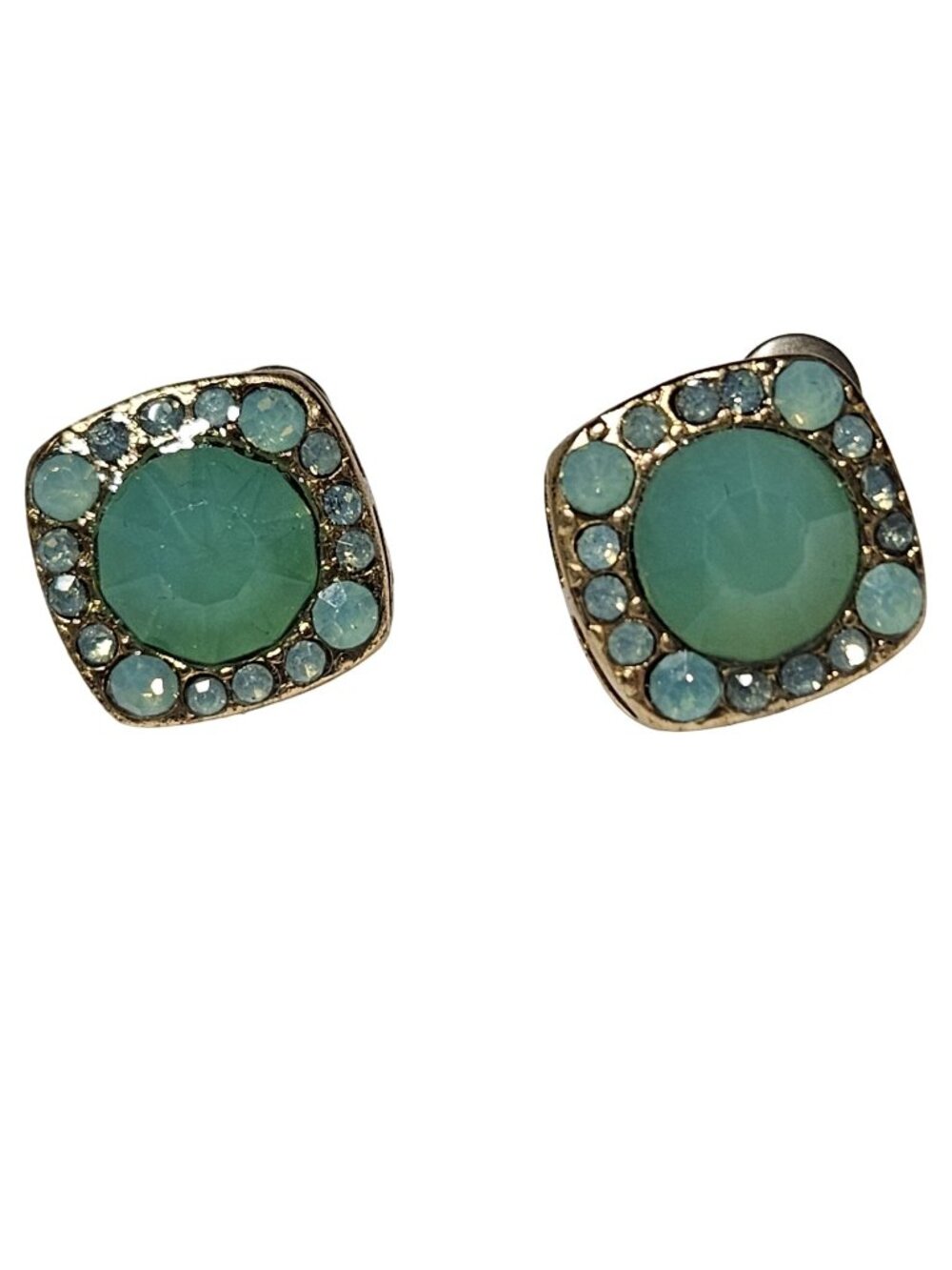 Vintage Green Gem Square Earrings Blue Rhinestones Retro 50s 60s Fashion Jewelry
